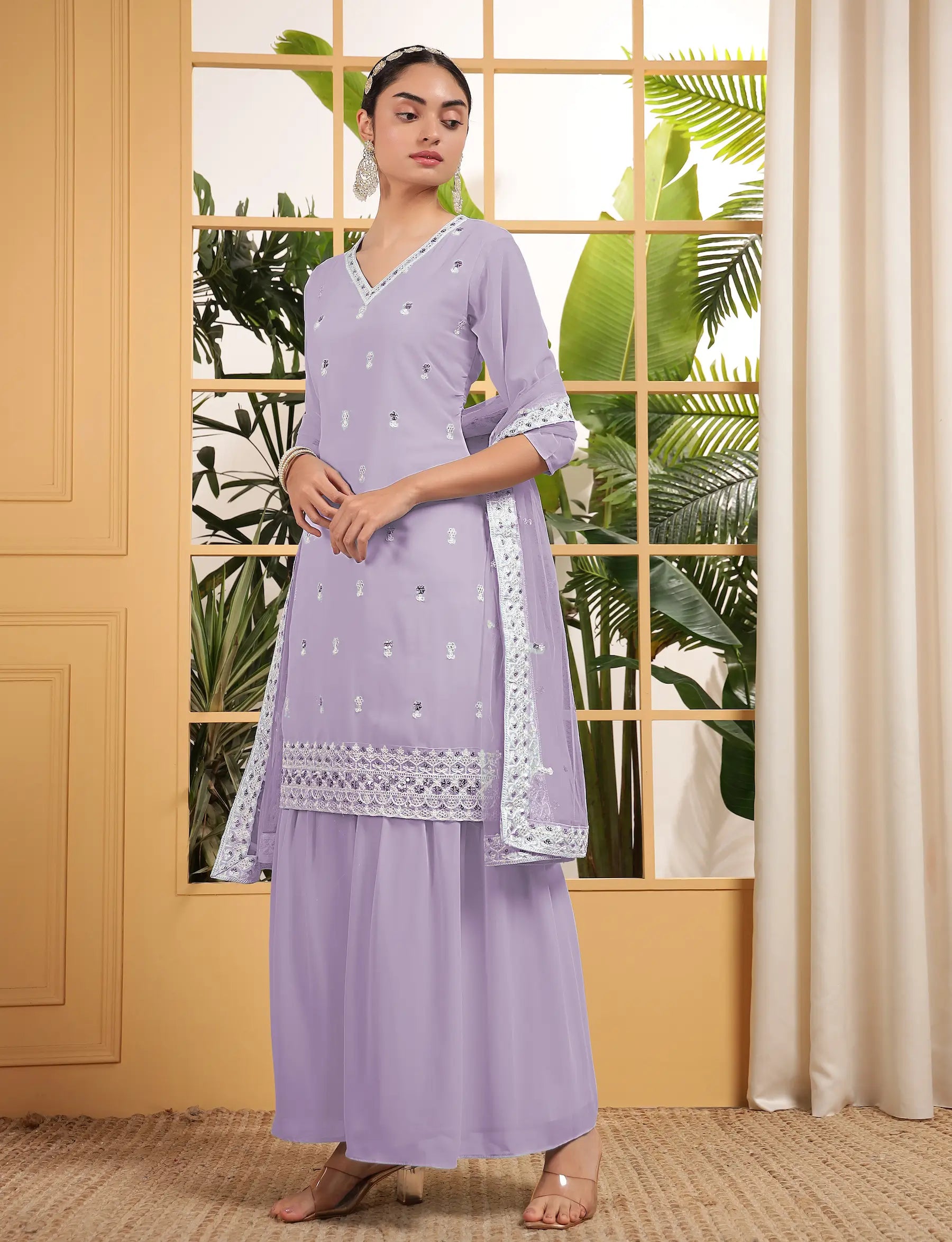 Lavender Georgette Salwar Suit With Sequence Embroidery Work - qivii