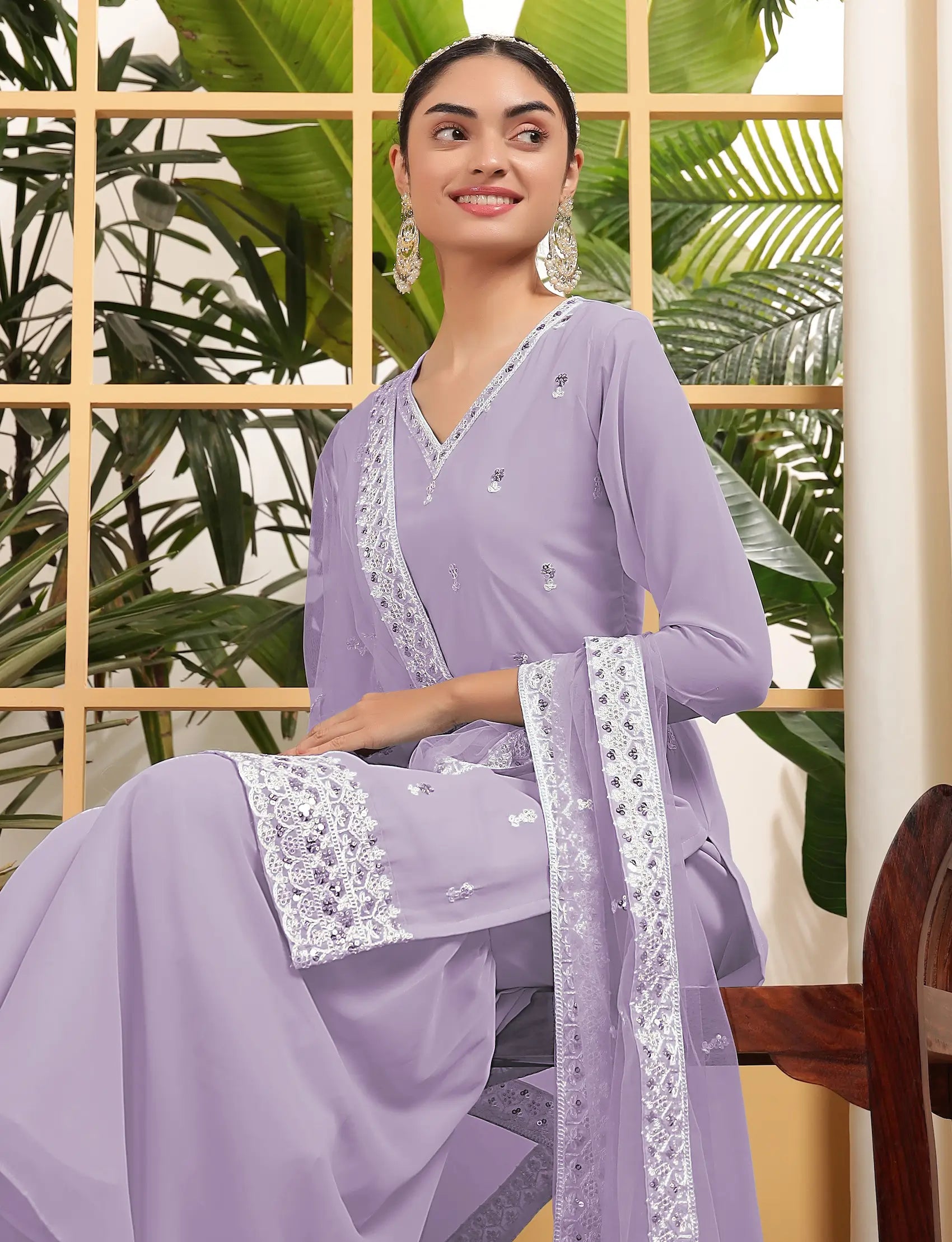 Lavender Georgette Salwar Suit With Sequence Embroidery Work - qivii