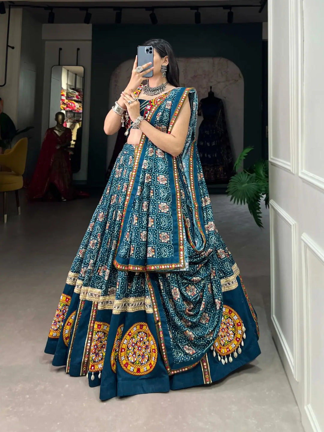 Bluish Cyan Sophisticated Printed Foil Work and Gamthi Patch Lehenga Choli for Navratri