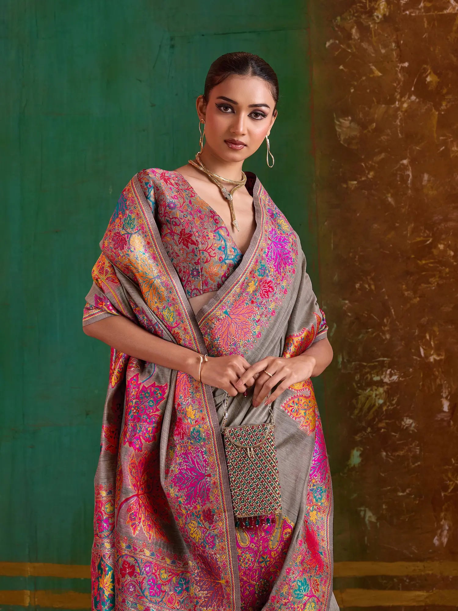 Brownish Grey Cotton Pashmina Weaving Saree