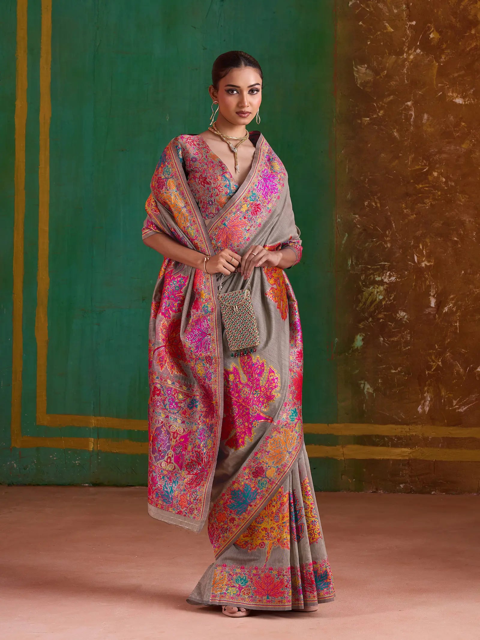 Brownish Grey Cotton Pashmina Weaving Saree