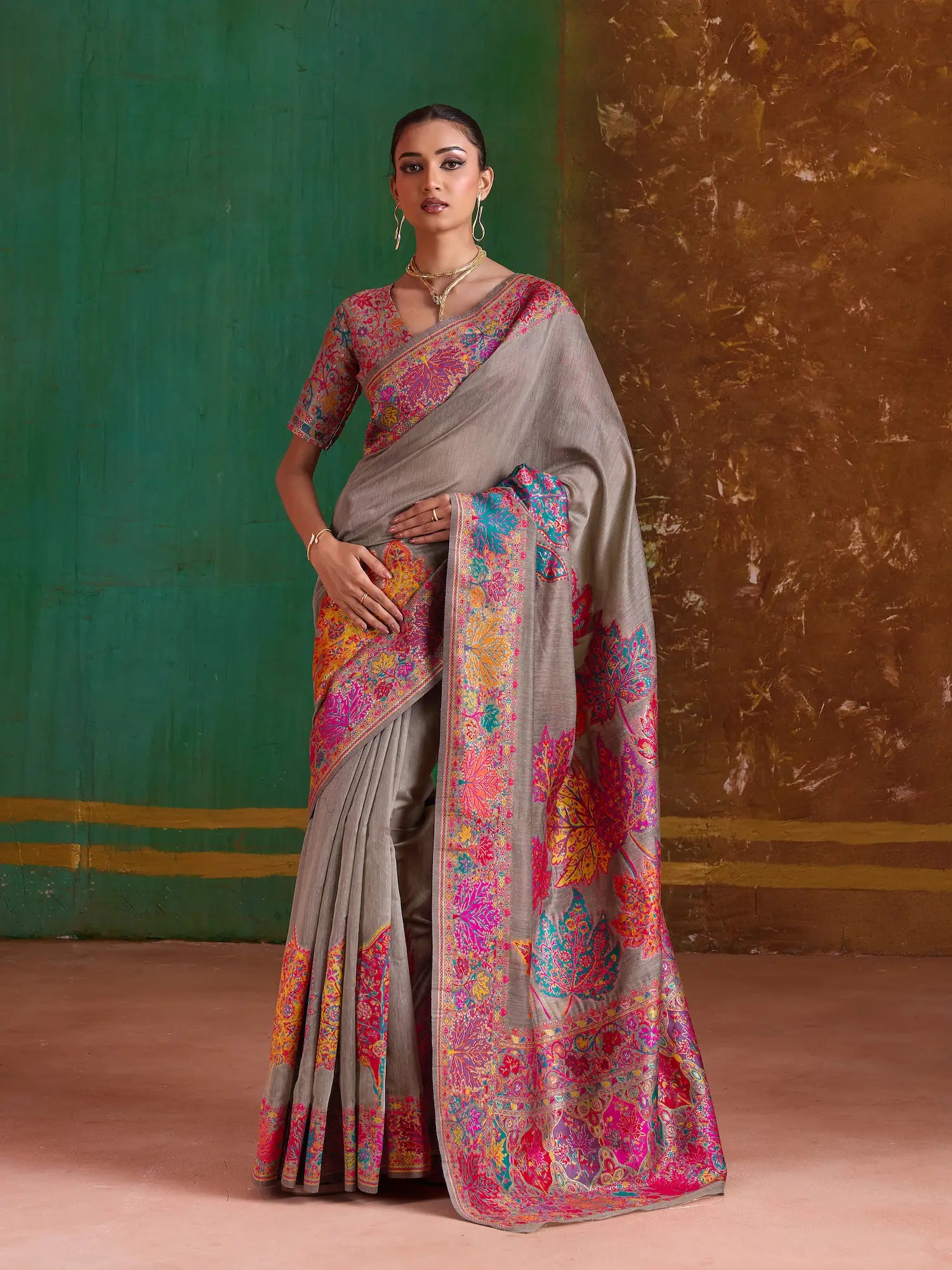 Brownish Grey Cotton Pashmina Weaving Saree