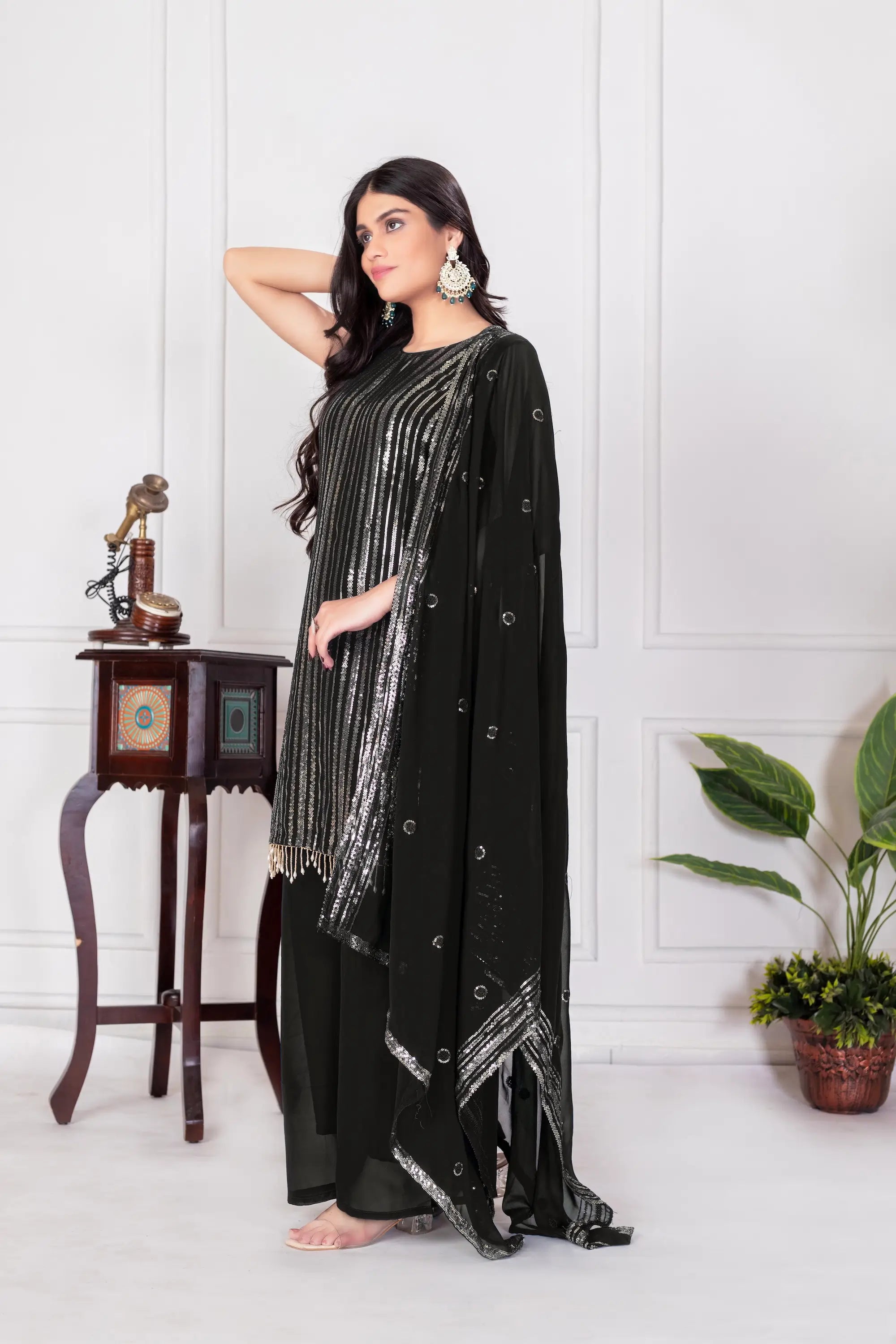 Black Georgette Sequence Embroidery Work Palazzo Salwar Suit - qivii