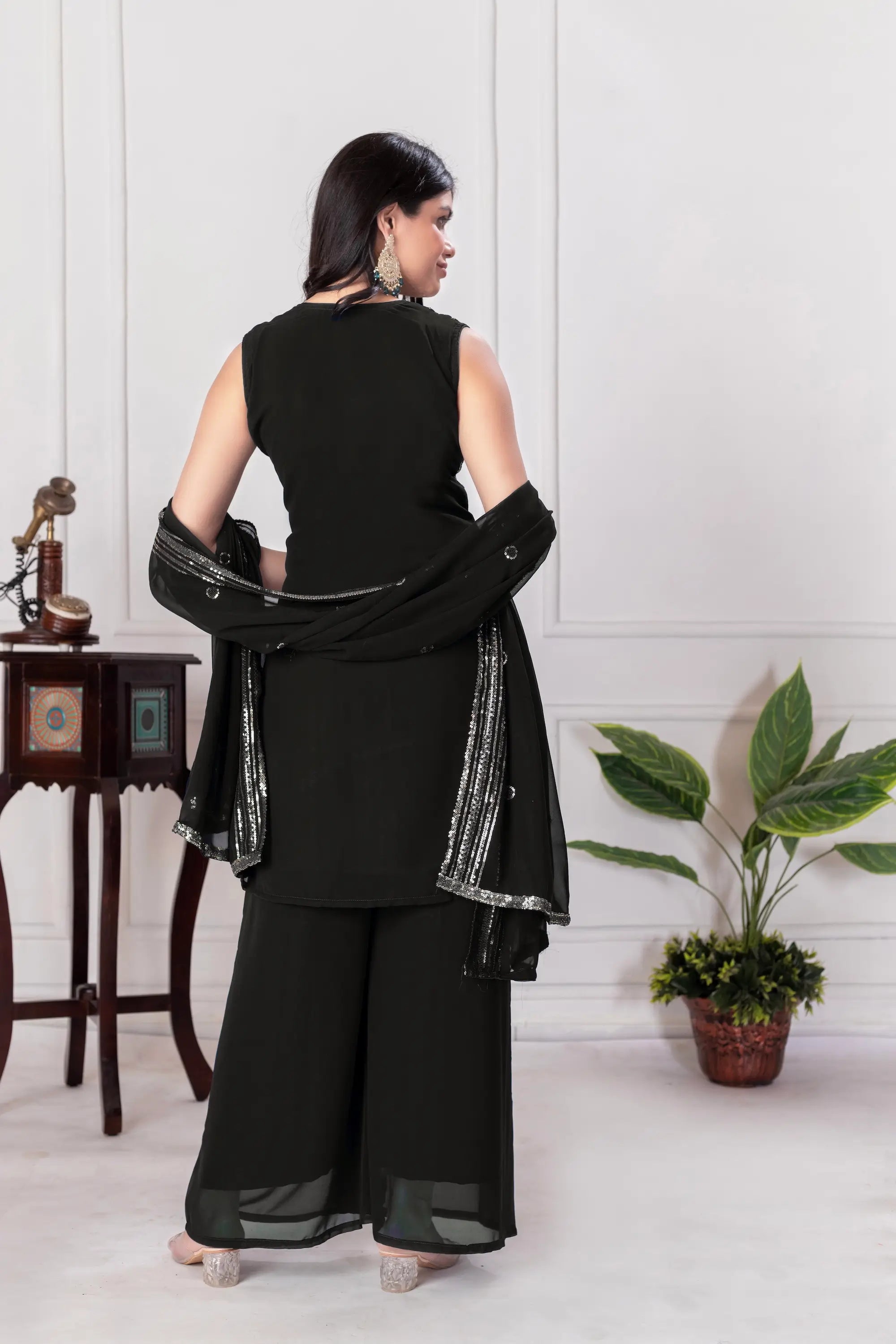 Black Georgette Sequence Embroidery Work Palazzo Salwar Suit - qivii