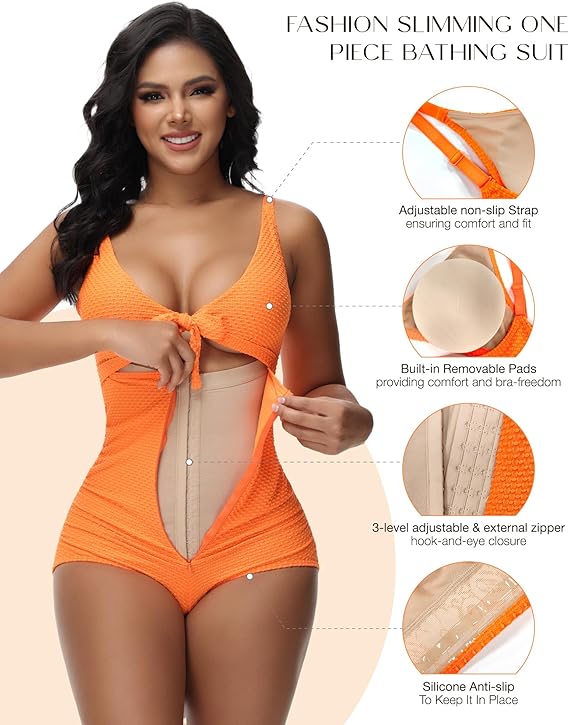 Women's Tummy Control Swimsuit Cutout Tie Knot Front Push Up Shapewear Bathing Suit  - By Qivii