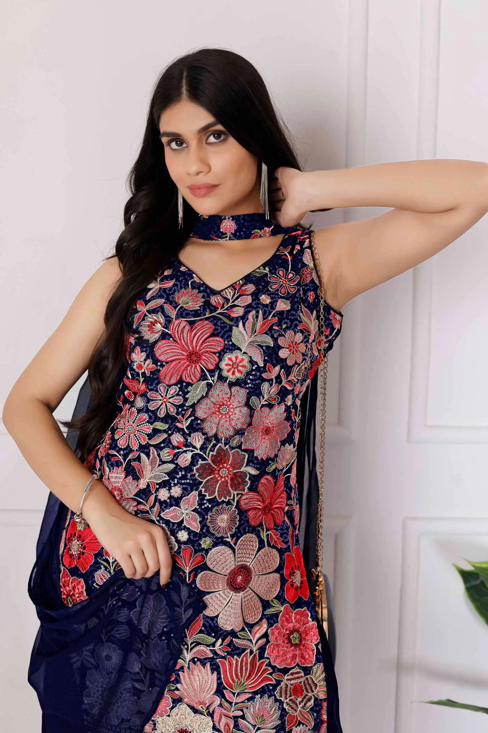 Dark Blue Georgette Palazzo Salwar Suit With Sequence Embroidery Work - qivii