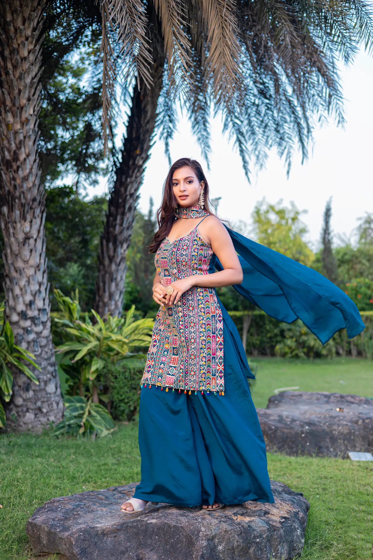 Blue Chinon Sequence Embroidery Work Palazzo Salwar Suit - qivii