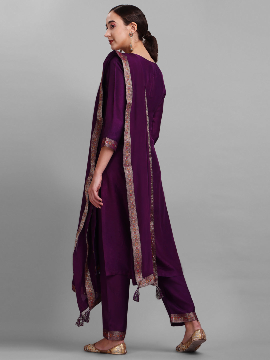 Purple Jacquard Silk Kurta Suit Set by Qivii