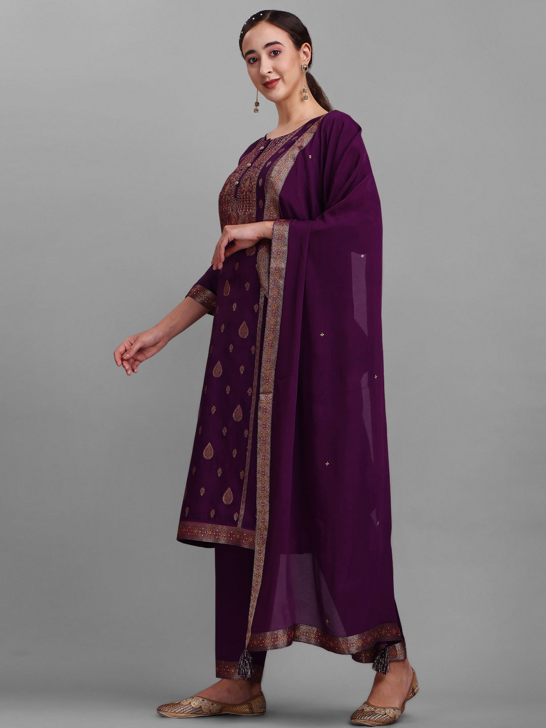 Purple Jacquard Silk Kurta Suit Set by Qivii