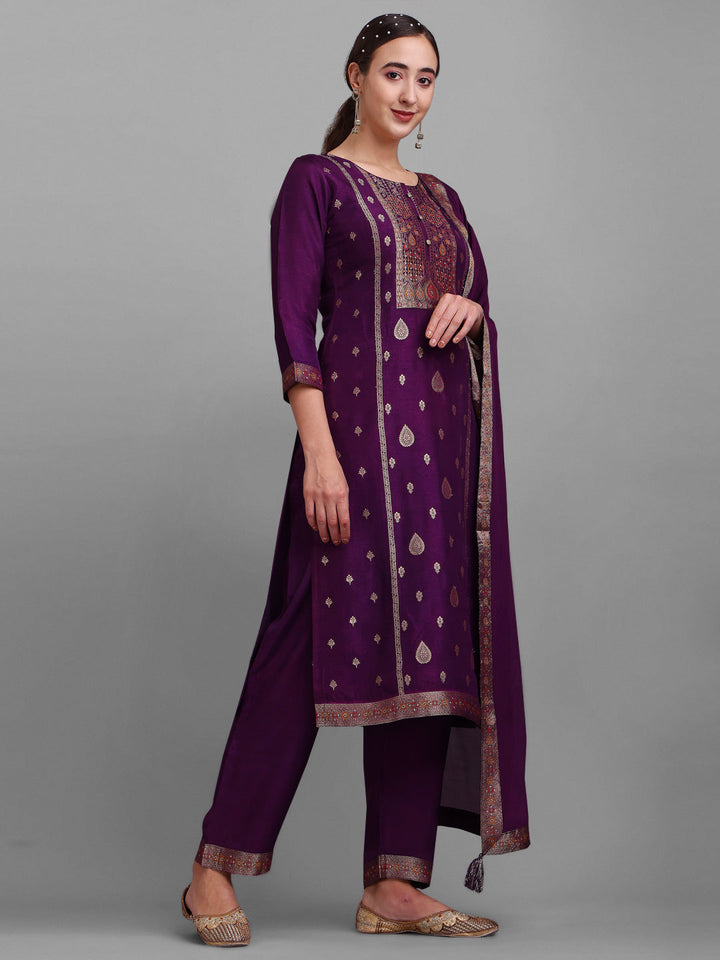 Purple Jacquard Silk Kurta Suit Set by Qivii