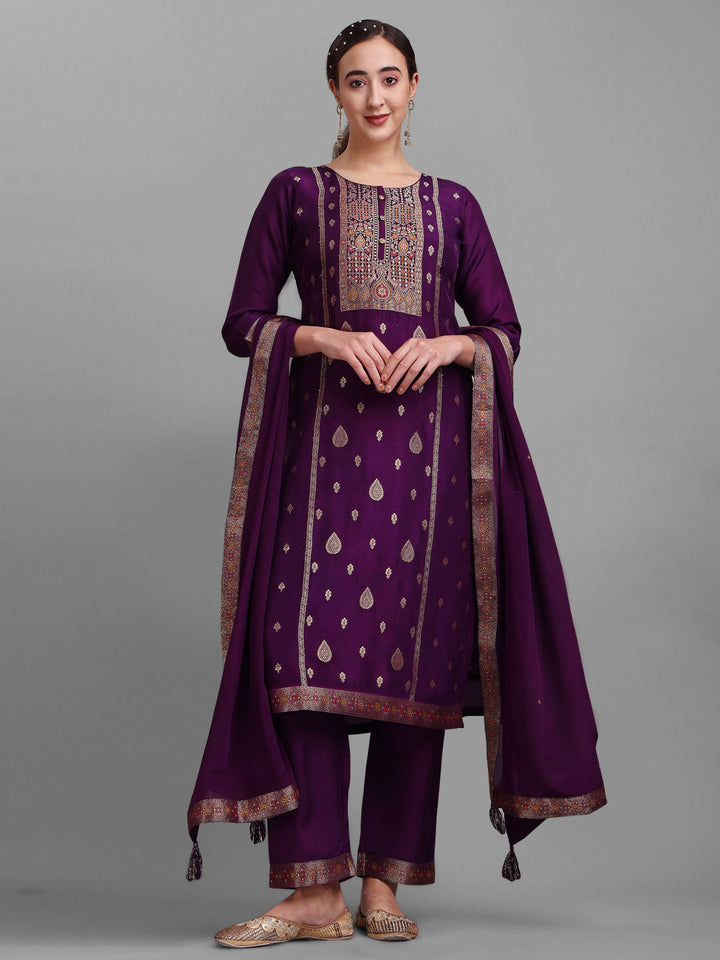 Purple Jacquard Silk Kurta Suit Set by Qivii