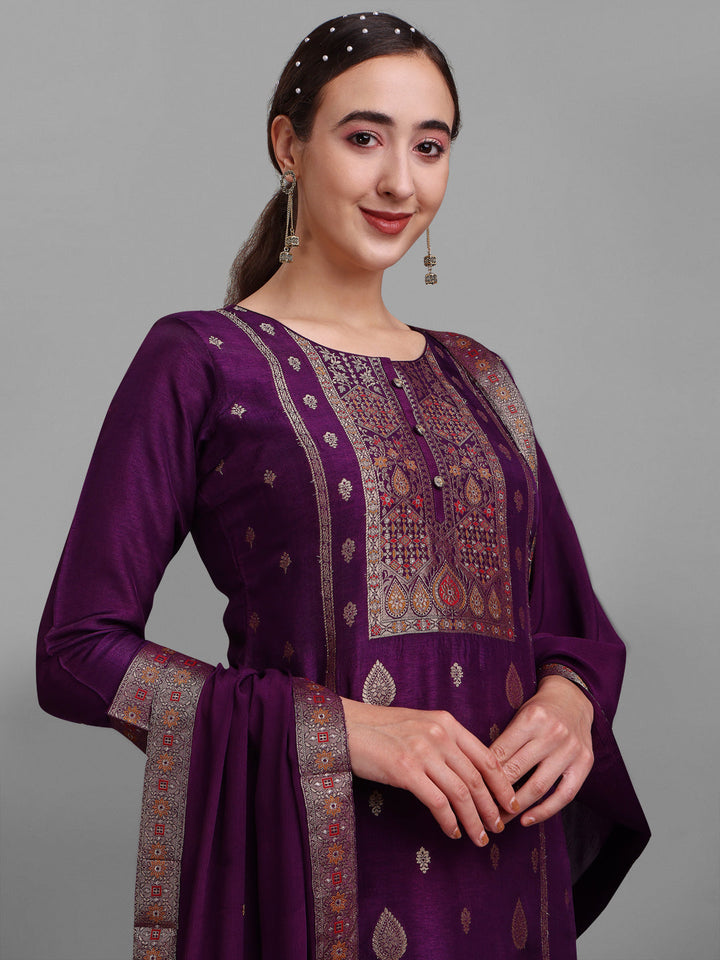 Purple Jacquard Silk Kurta Suit Set by Qivii