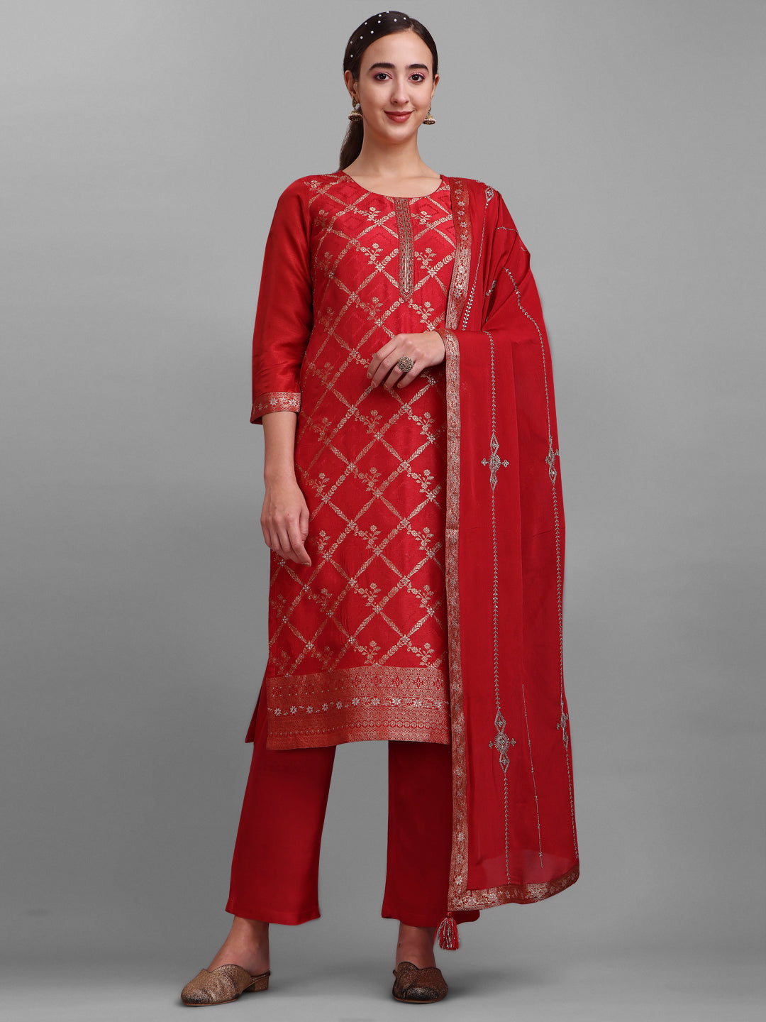 Red Jacquard Kurta Suit Set