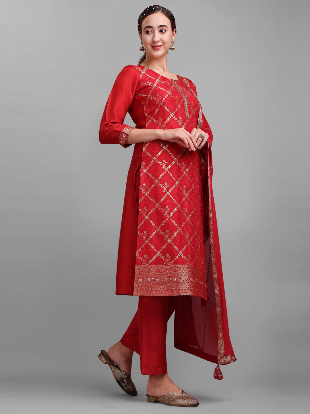 Red Jacquard Kurta Suit Set