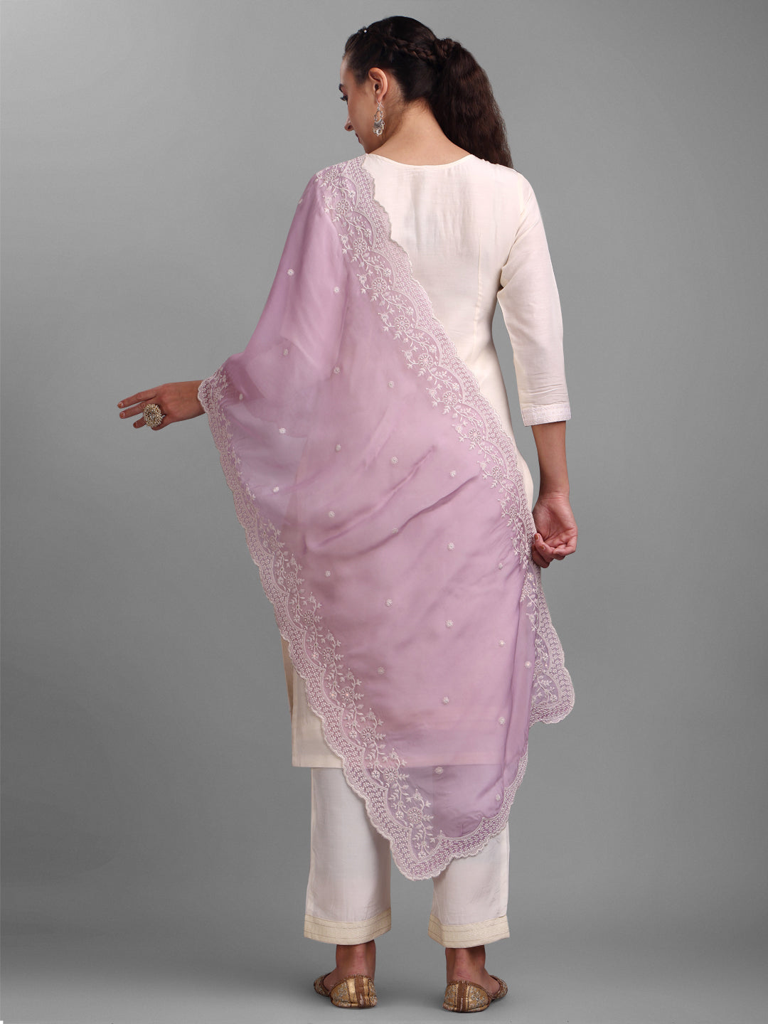 Cream and Lavender Woven Design Kurta Suit by Qivii