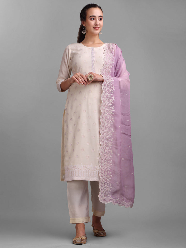 Cream and Lavender Woven Design Kurta Suit by Qivii