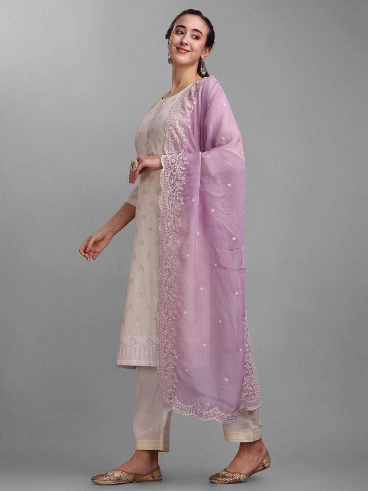 Cream and Lavender Woven Design Kurta Suit by Qivii