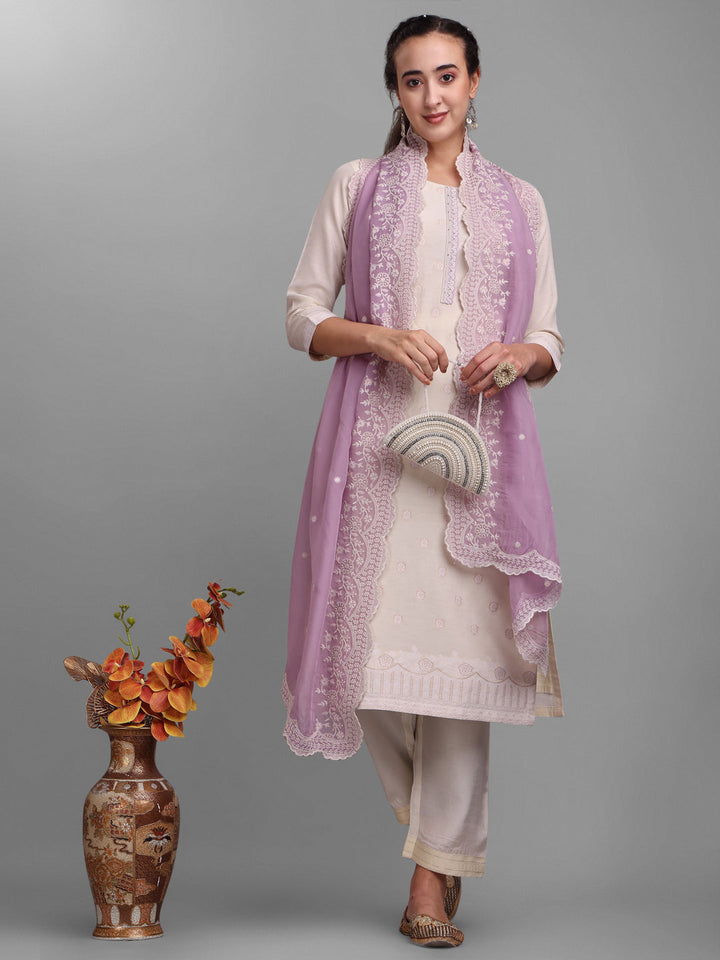 Cream and Lavender Woven Design Kurta Suit by Qivii