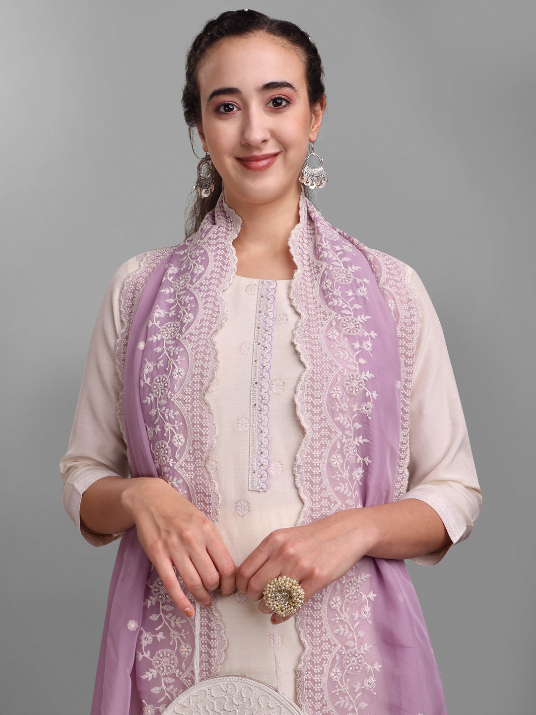 Cream and Lavender Woven Design Kurta Suit by Qivii