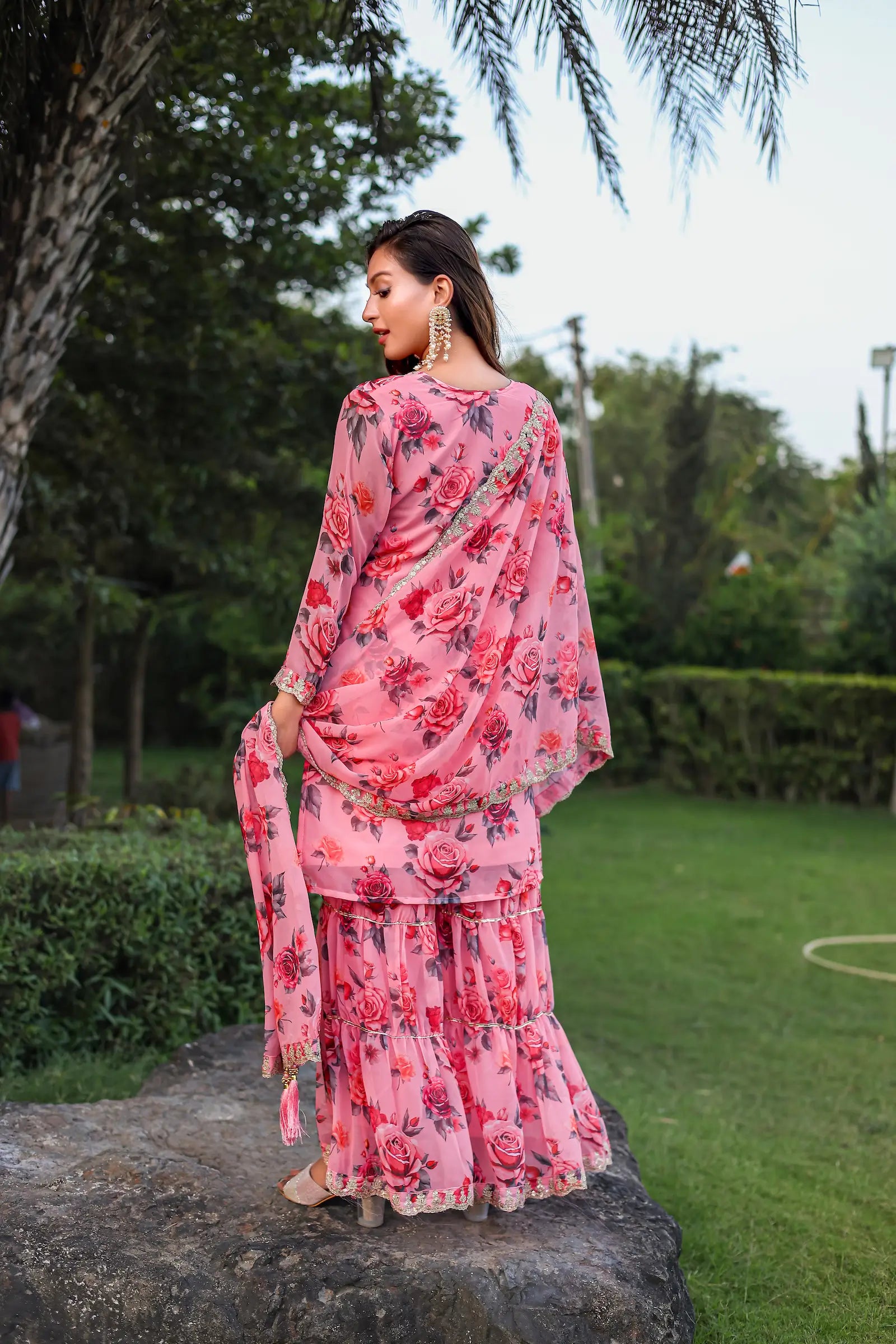 Light Pink Georgette Palazzo Salwar Suit With Floral Print & Embroidery Work - qivii