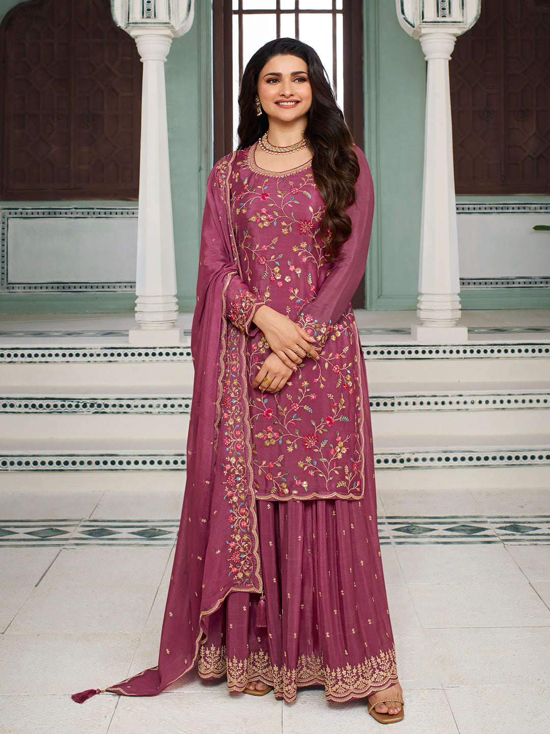 Dark Pink Sharara Suit Set with Floral & Embroidery Design