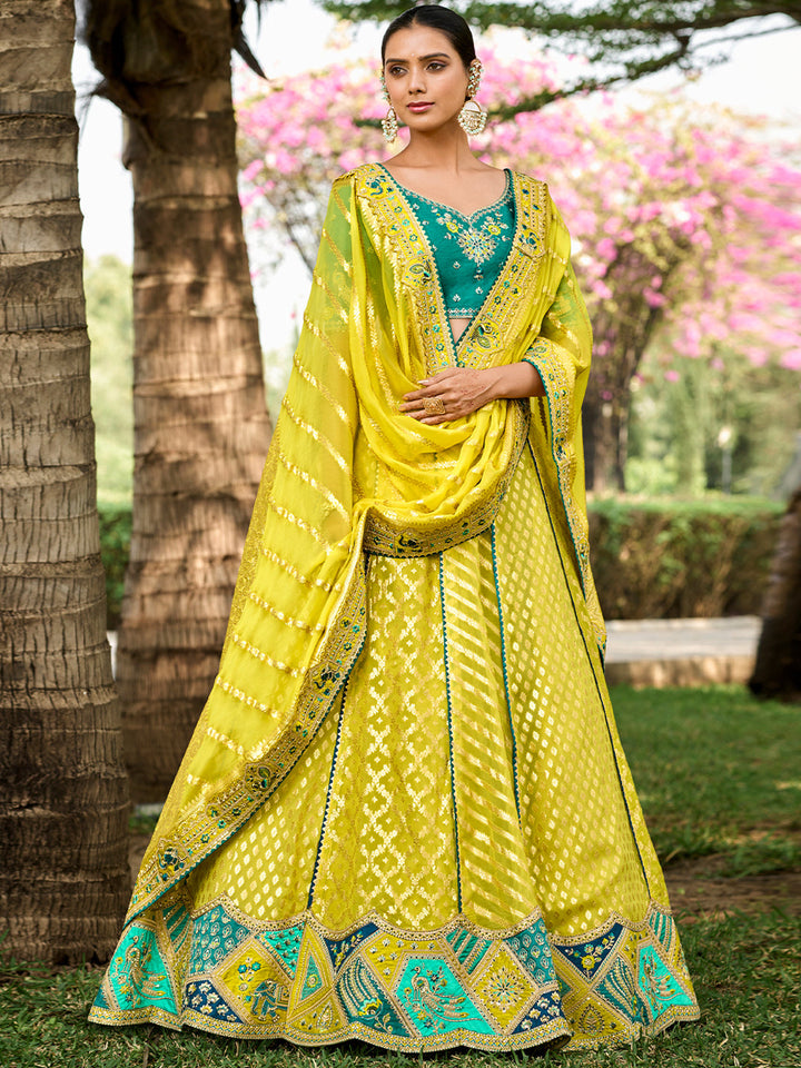 Yellow Organza Silk Embroidered Cut Work Semi Stitched Lehenga Choli