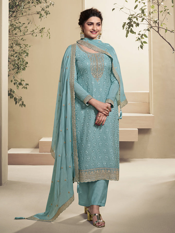 Teal Blue Floral Pattern Schiffli Thread and Sequins Embroidery Kurta Suit Set by Qivii