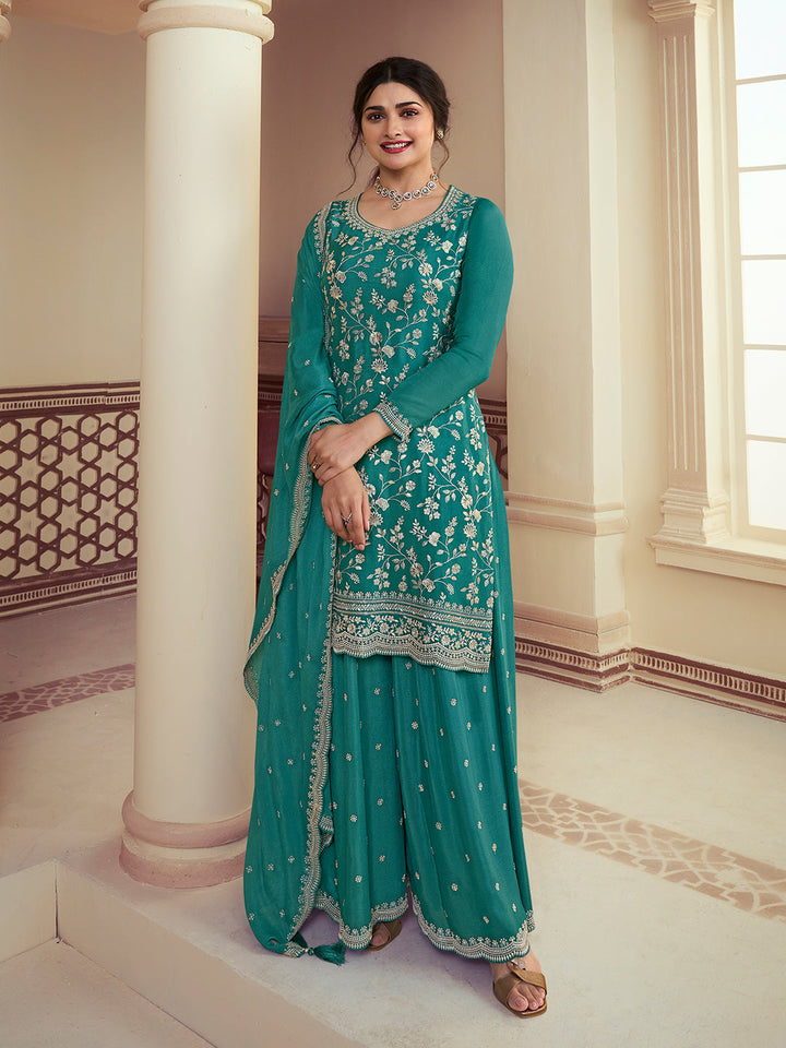 Turqouise Floral Pattern, Thread and Sequins Embroidered Sharara Suit Set by Qivii