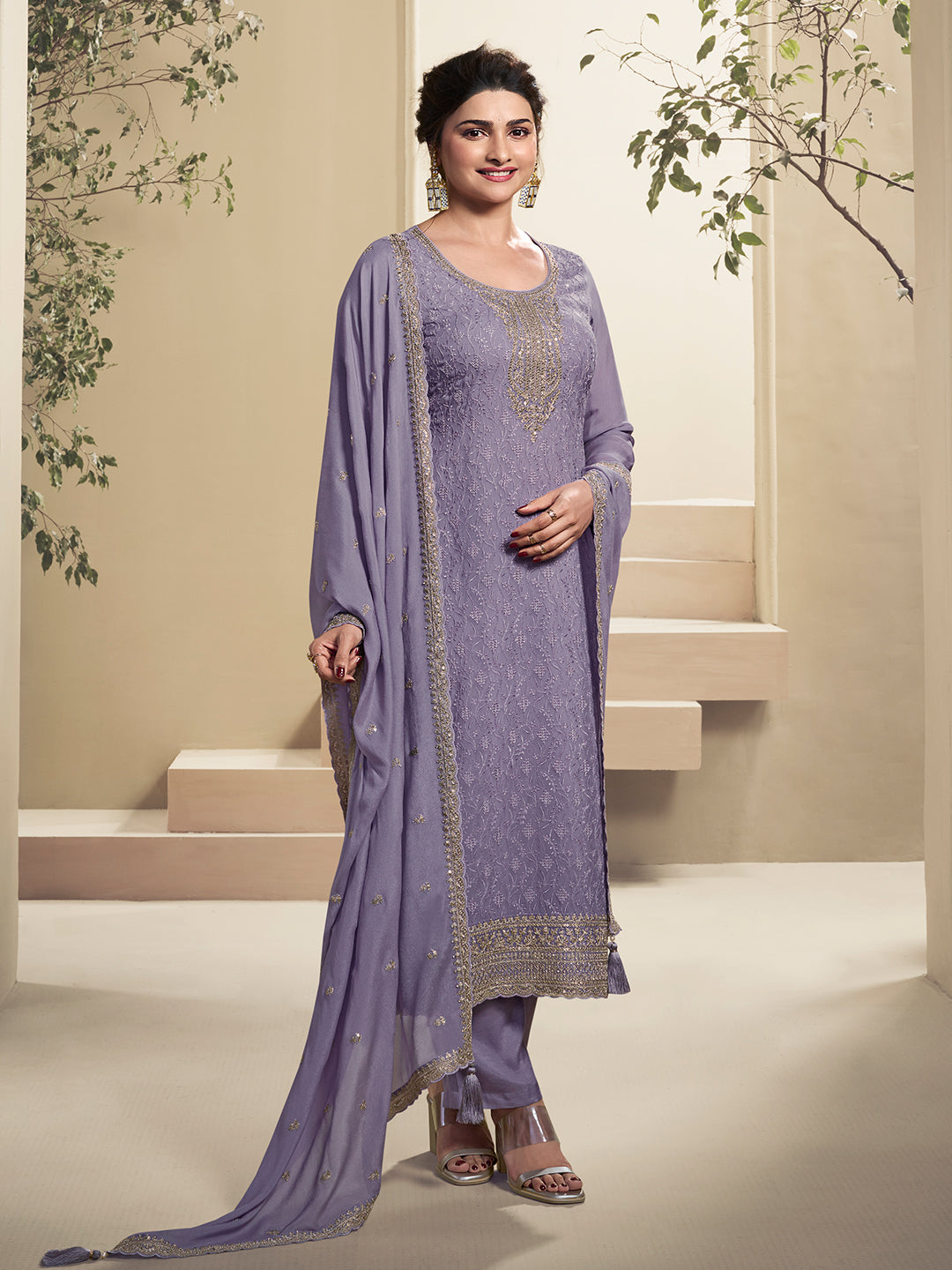 Lavender Floral Pattern Schiffli Thread and Sequins Embroidery Kurta Suit Set
