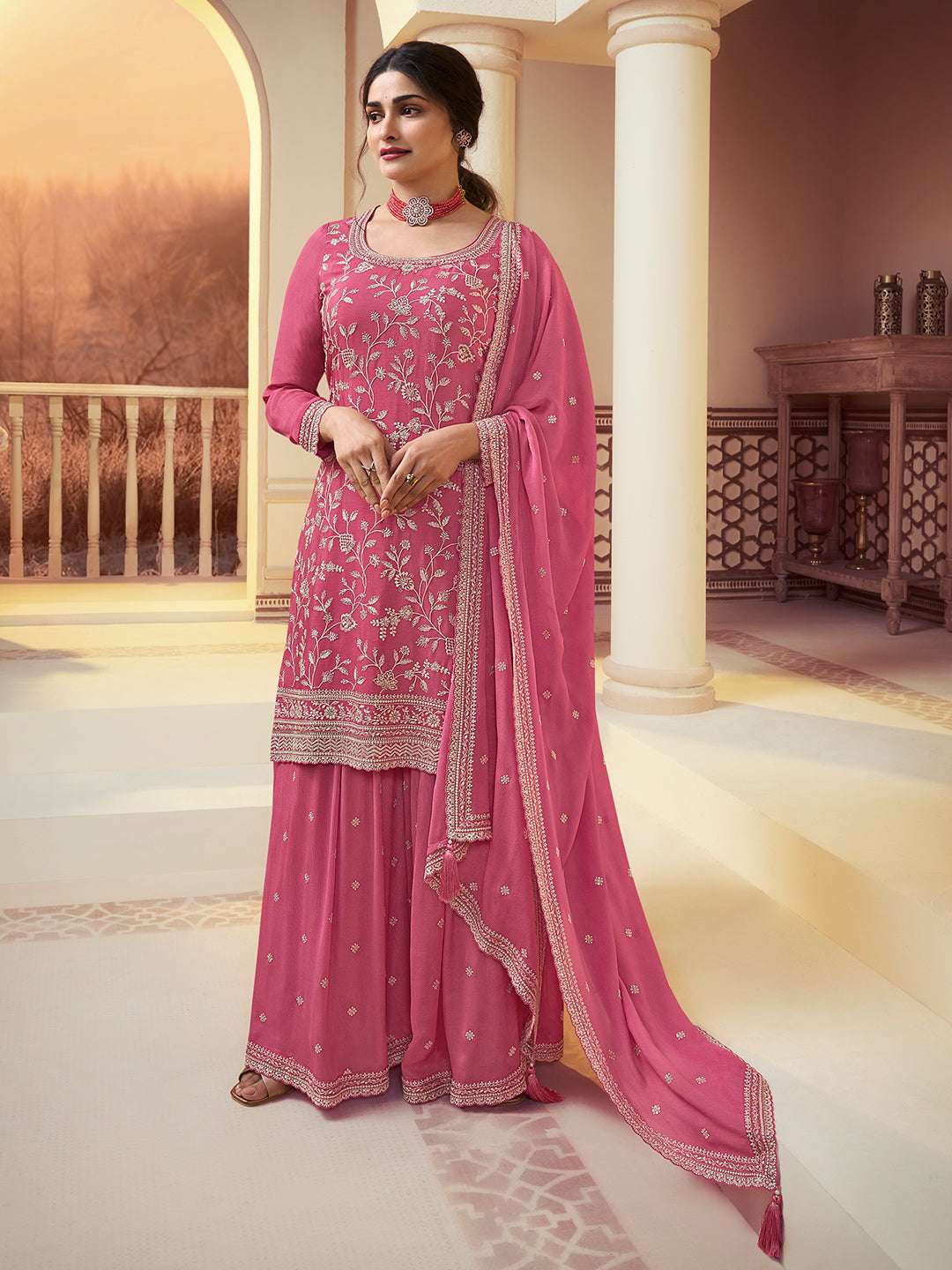 Deep Rose Floral Pattern, Thread and Sequins Embroidered Sharara Suit Set - qivii
