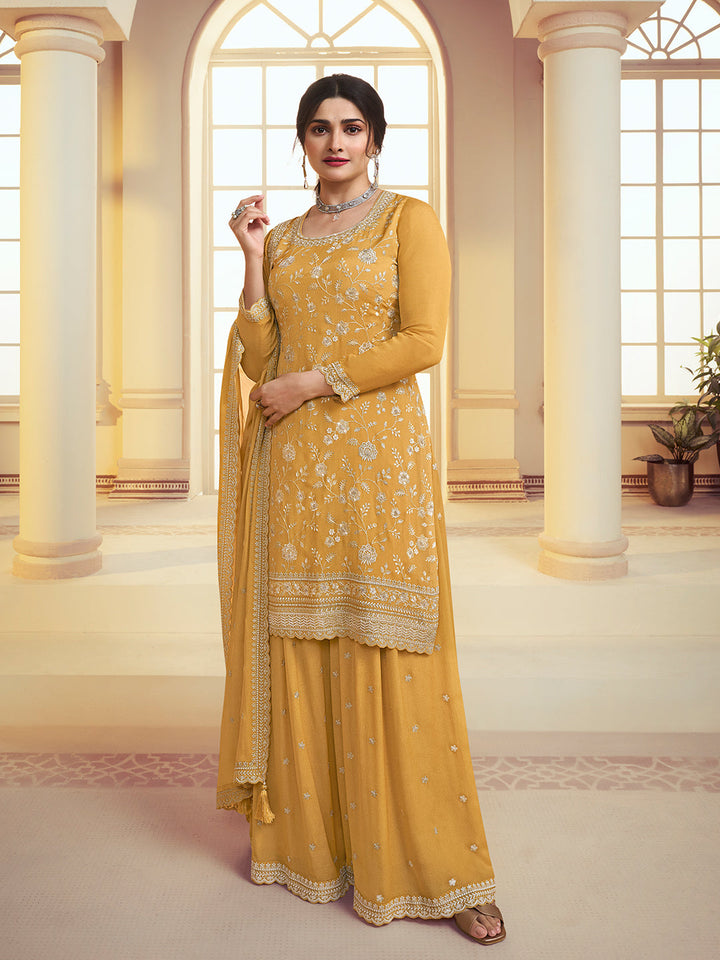 Yellow Floral Pattern, Thread and Sequins Embroidered Sharara Suit Set by Qivii