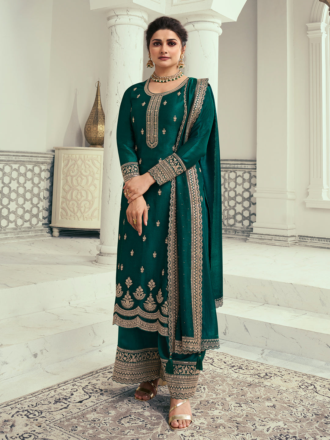 Bottle Green Designer Top Adorned with Exquisite Embroidered Palazzo Suit Set