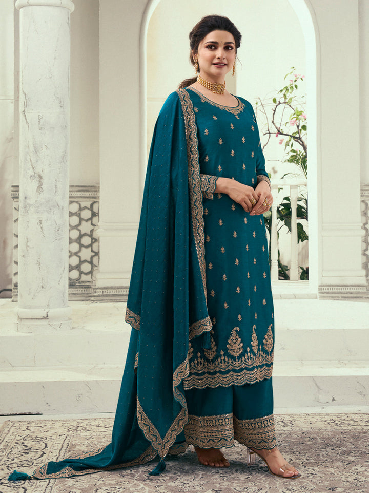 Dark Teal Blue Designer Top Adorned with Exquisite Embroidered Palazzo Suit Set by Qivii