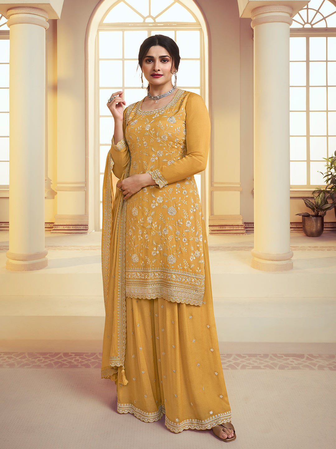 Yellow Floral Pattern, Thread and Sequins Embroidered Sharara Suit Set