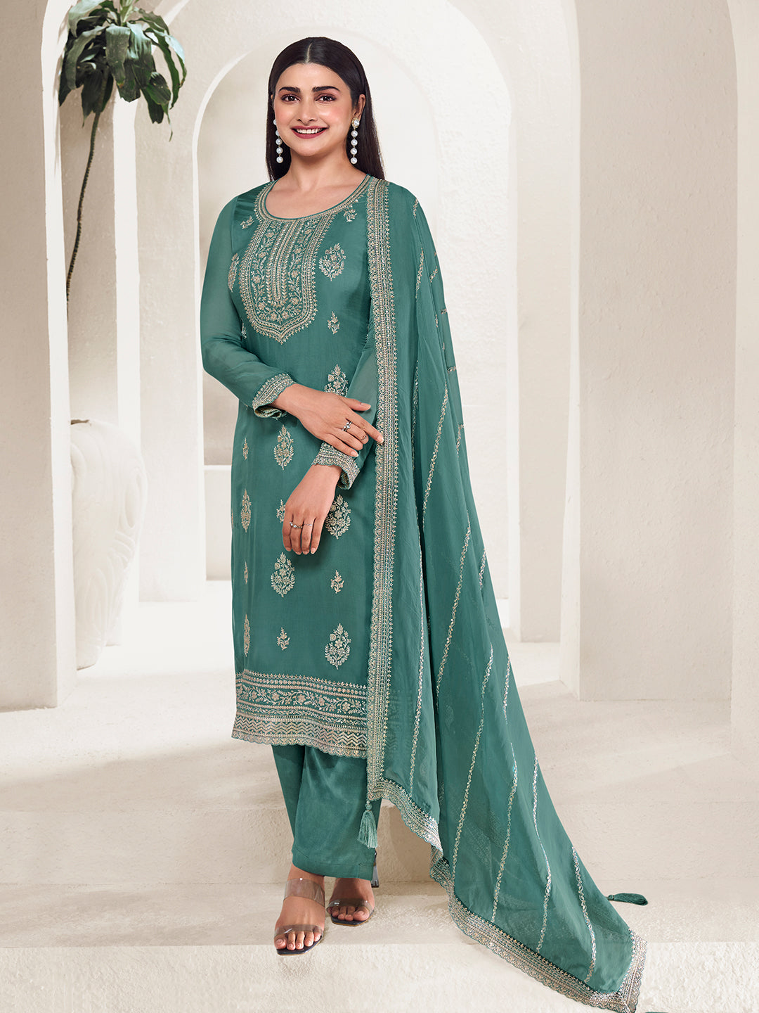 Turquoise Lucknowi Thread and Sequins Embroidery Kurta Suit Set