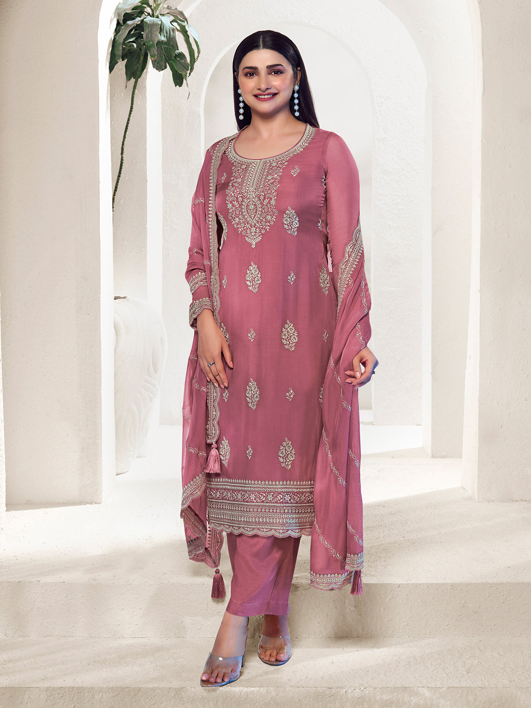 Pink Lucknowi Thread and Sequins Embroidery Kurta Suit Set