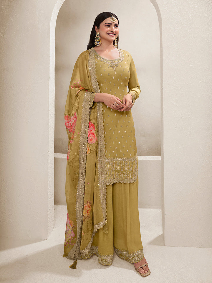 Mustard Floral Pattern Sequins Embroidered Sharara Suit Set by Qivii