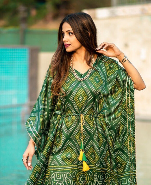 Green Pure Gaji Silk Digital Print with Gotta Patti Lace Border also comes with tassels Kaftan Dress