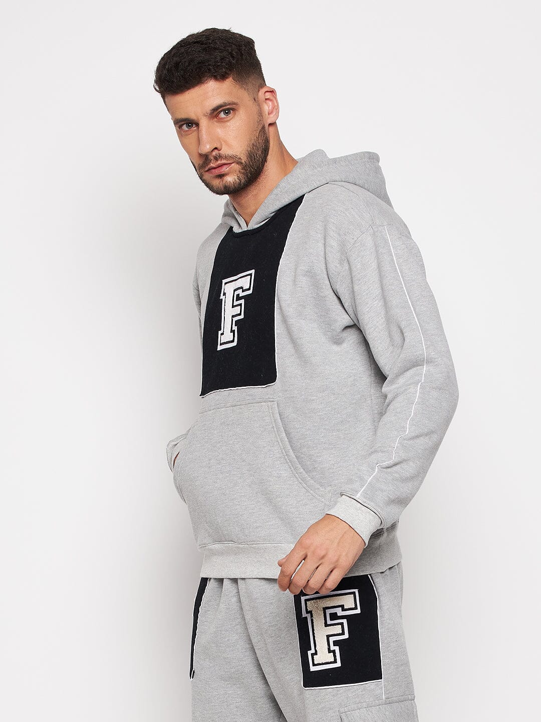 Grey Fleece Varsity Oversized Hooded Sweatshirt