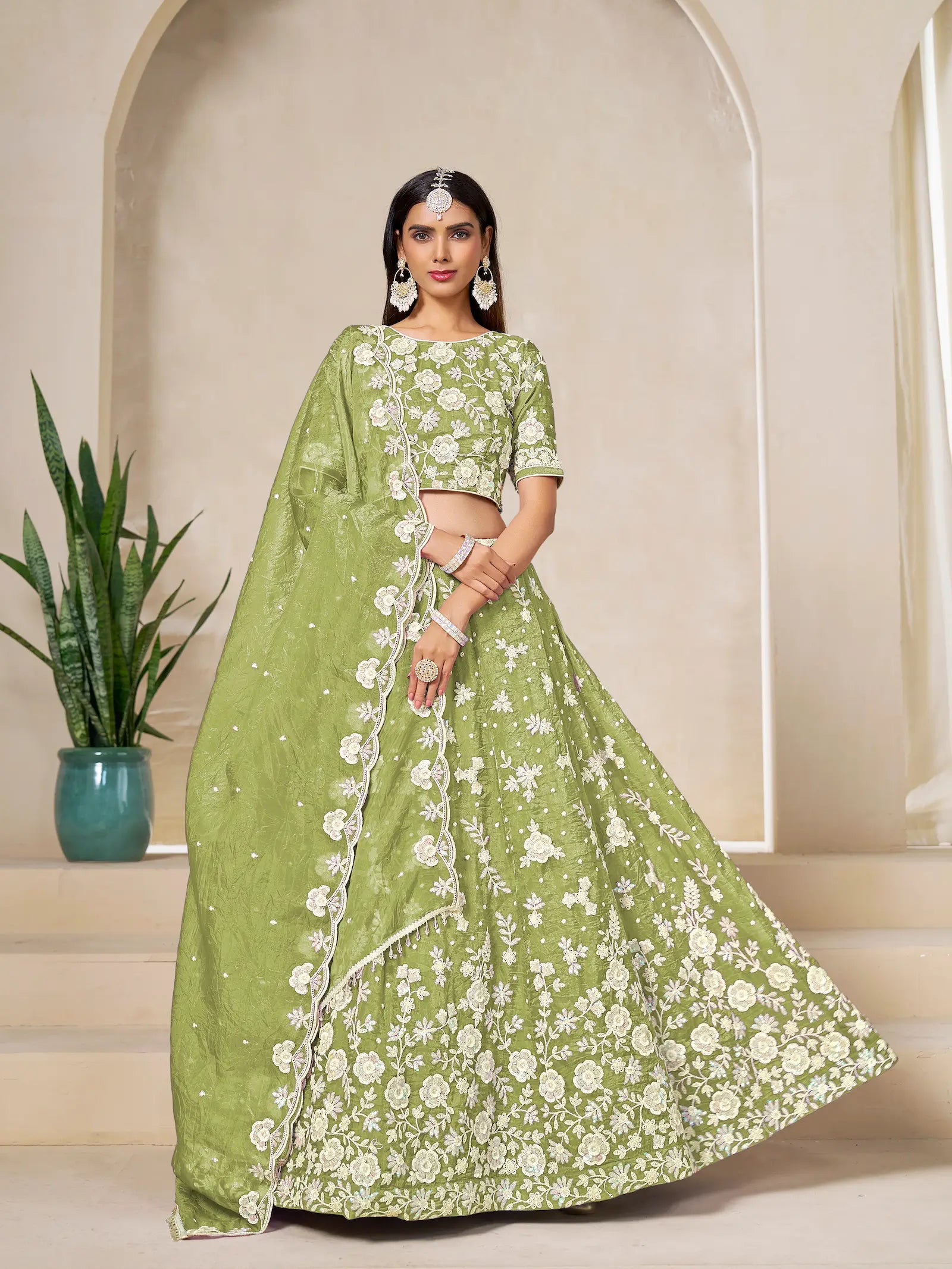 Tan Green Gold Crush Embroidery Lehenga Choli - qivii