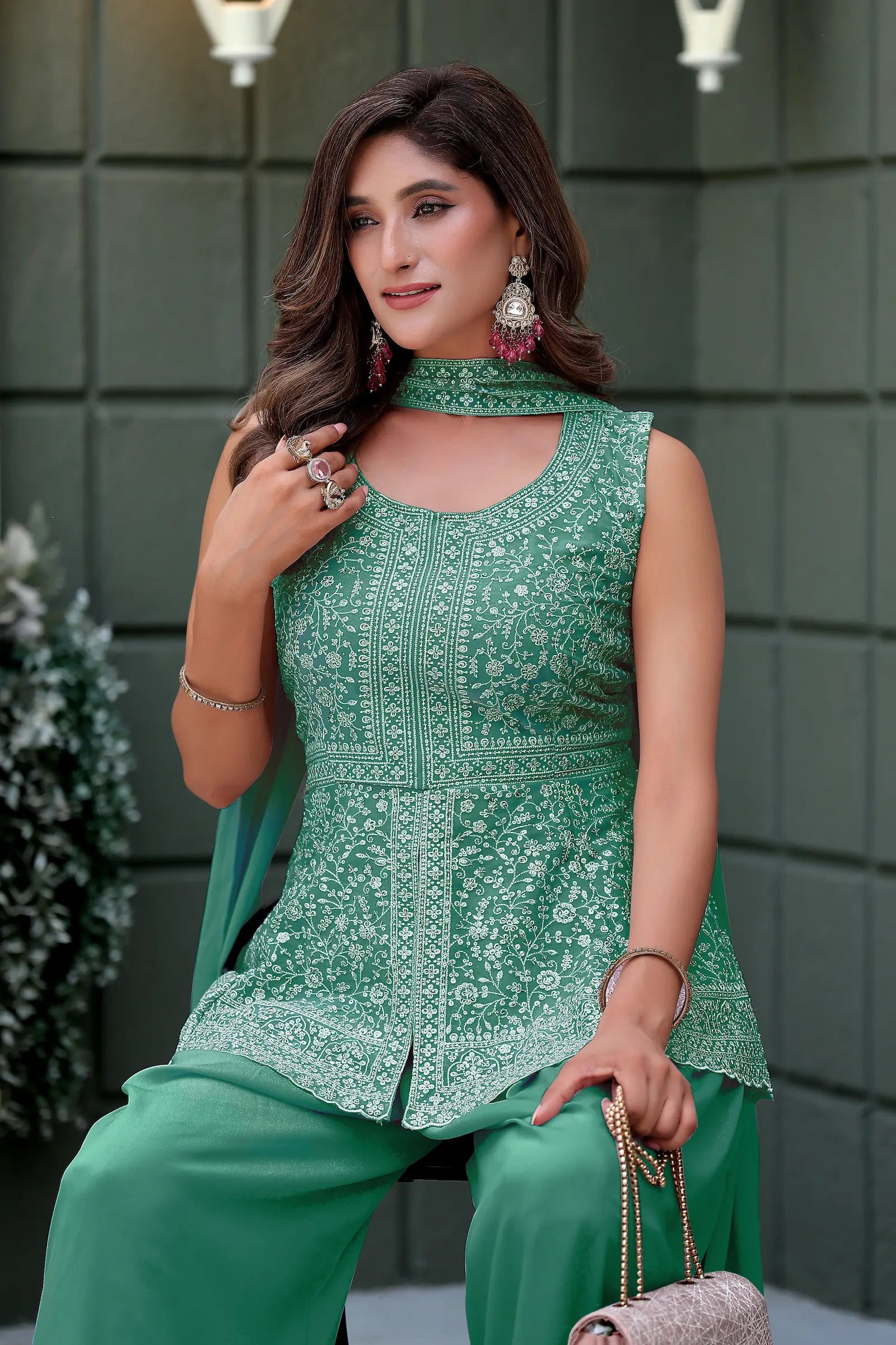 Sea Green Star Georgette Embroidery Palazzo Suit - qivii