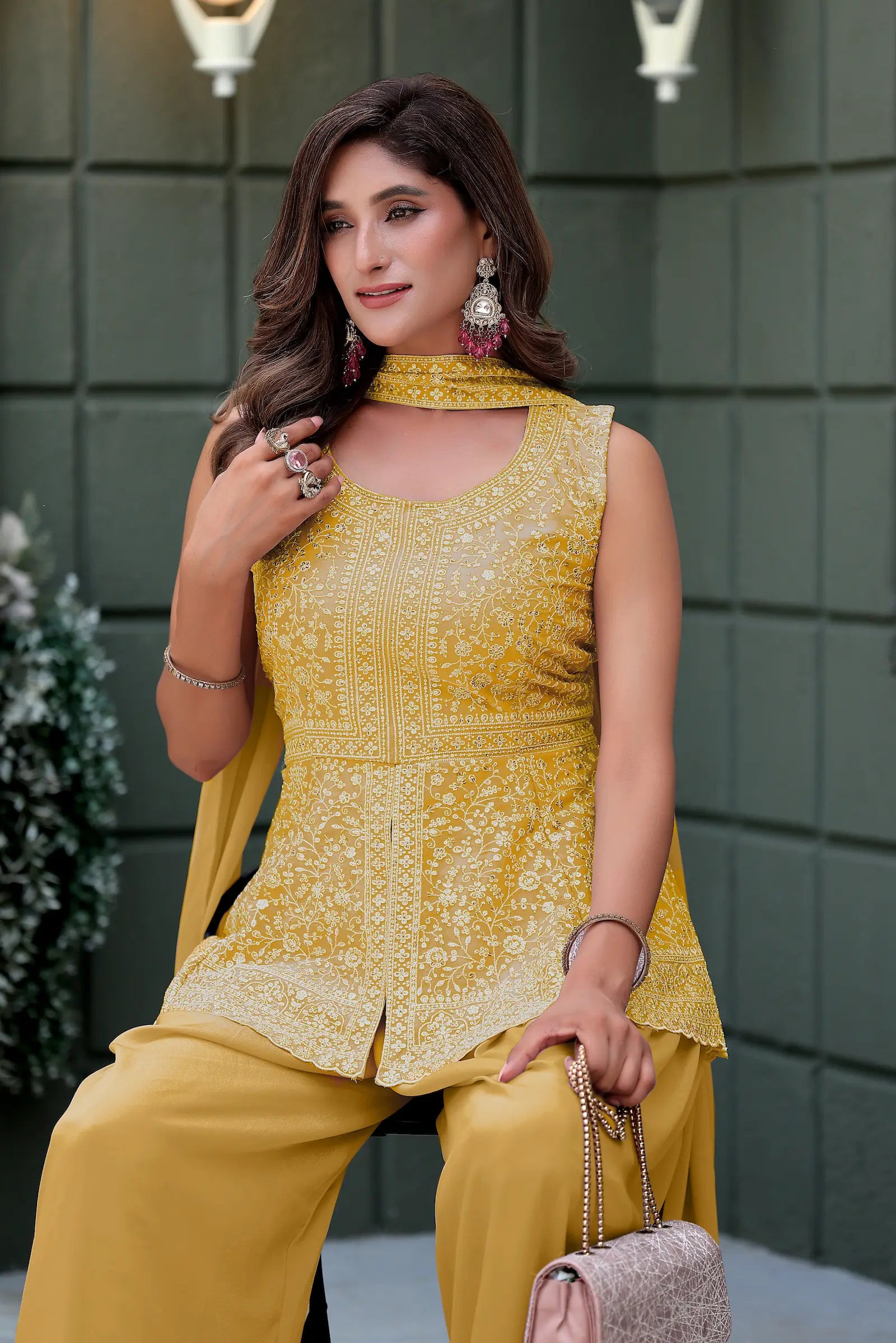 Yellow Star Georgette Embroidery Palazzo Suit - qivii