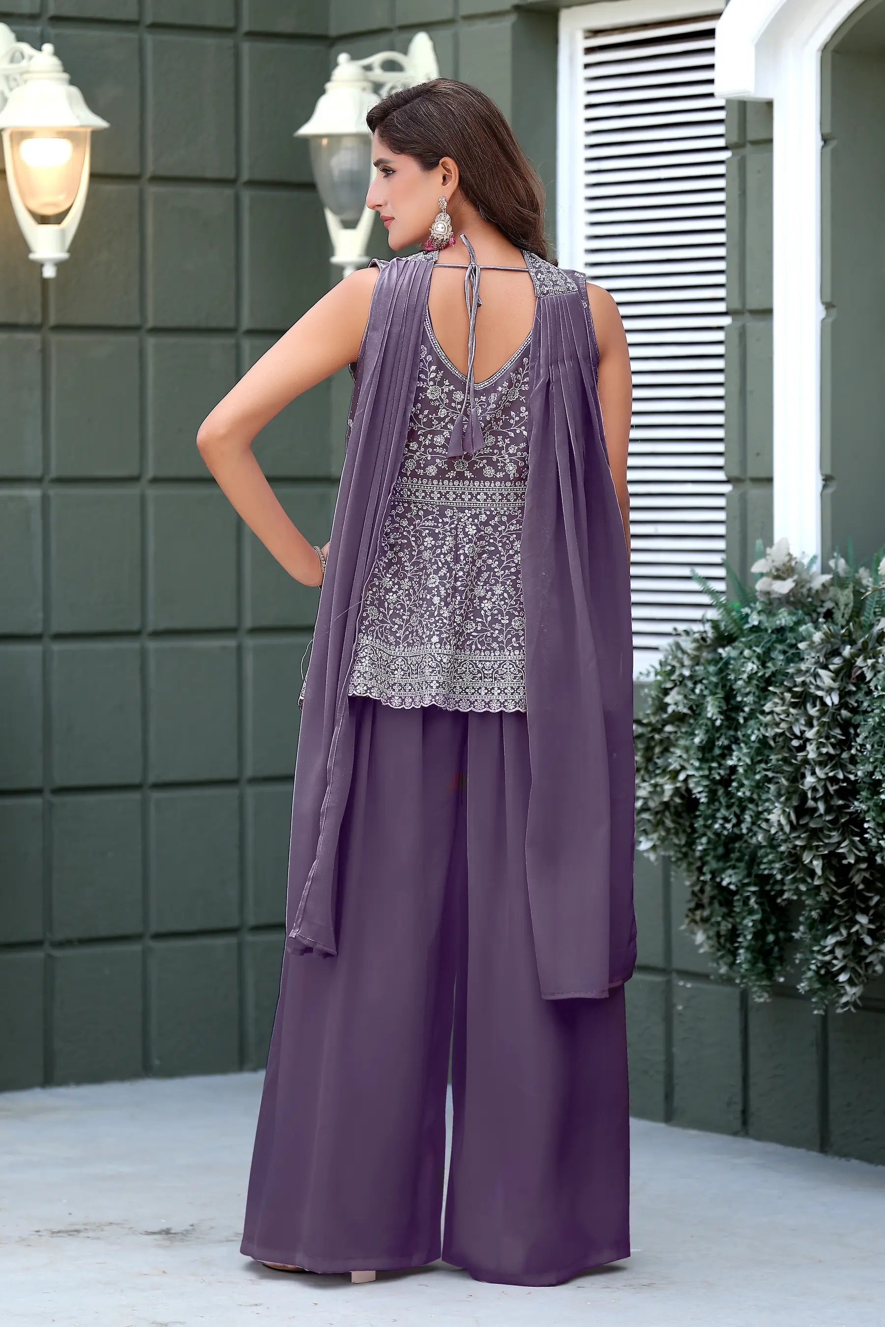Lavender Star Georgette Embroidery Palazzo Suit - qivii