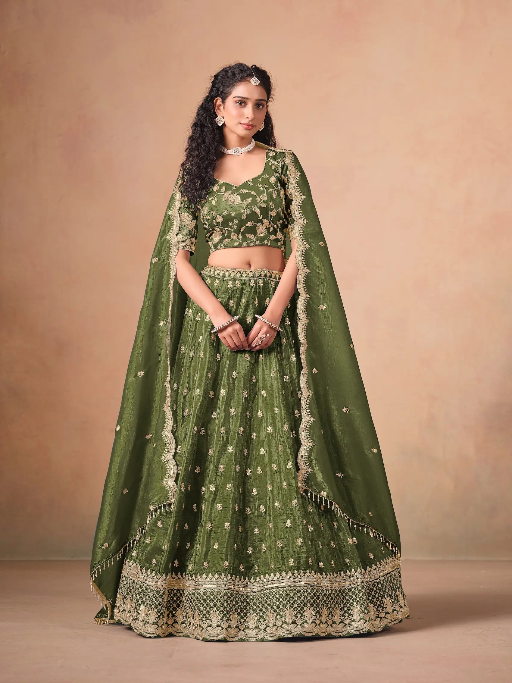 Army Green Organza Embroidery Work Lehenga Choli - qivii