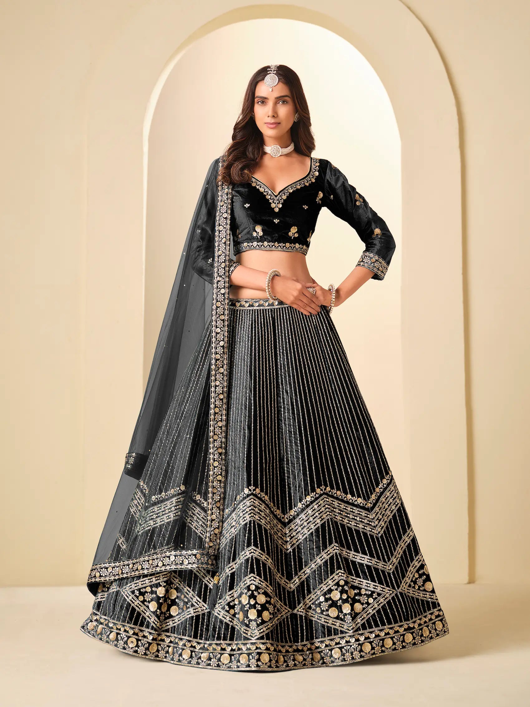 Hot Black Velvet Lehenga Choli With Embroidery