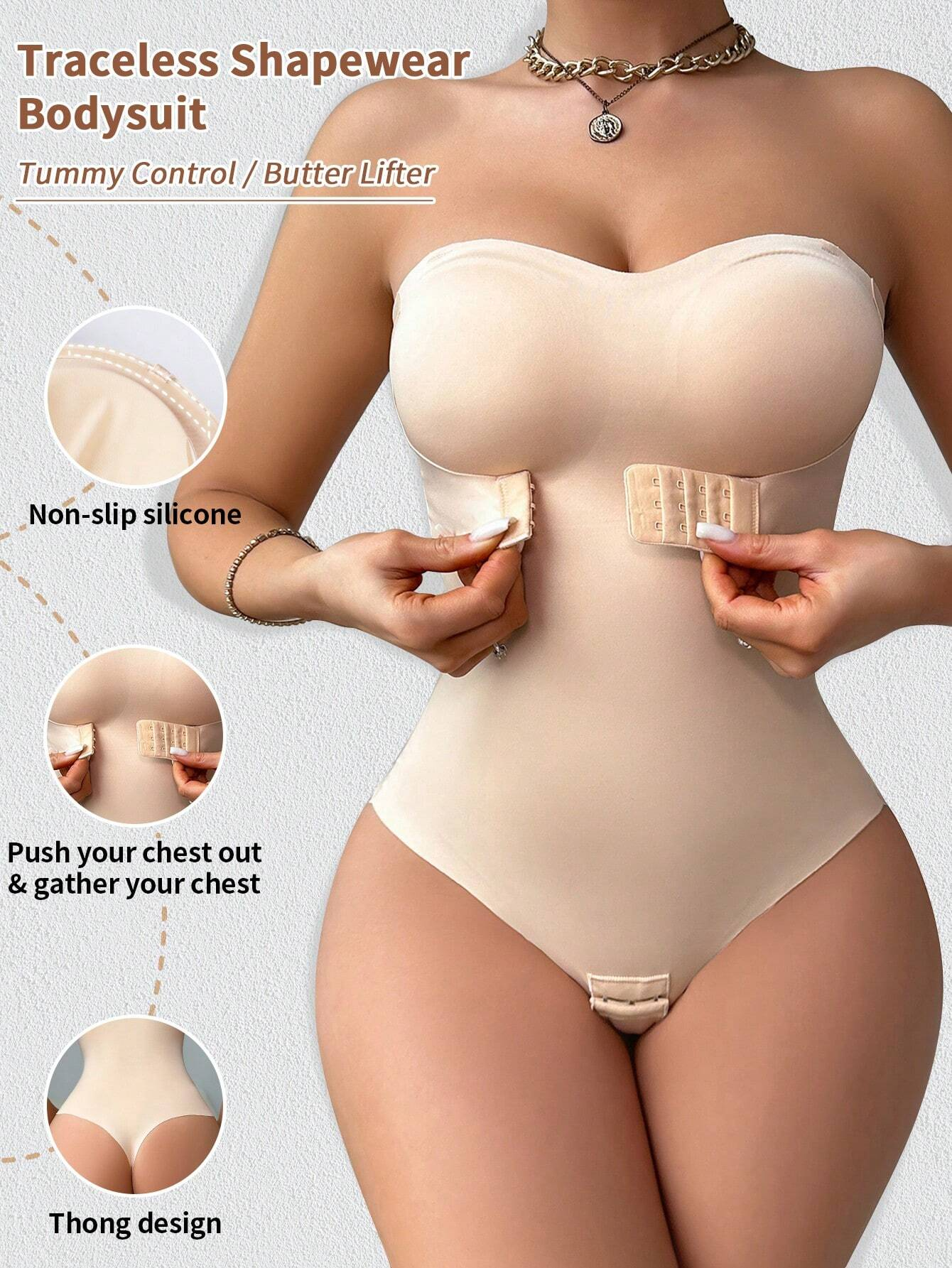 Women's Strapless Tummy Control One Piece Seamless Thong Shapewear Bodysuits  - By Qivii