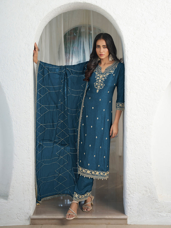 Teal Blue Threadwork Kurta Set with Dupatta by Qivii