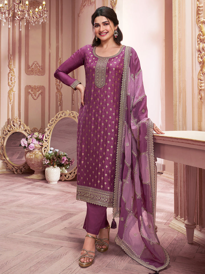 Wine Dola Jacquard with Heavy Sequins Embroidery Kurta Suit set by Qivii