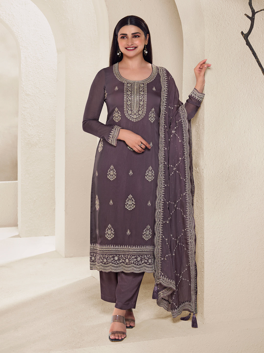 Dark Purple Kurta Set in Lucknowi and Sequins Embroidery
