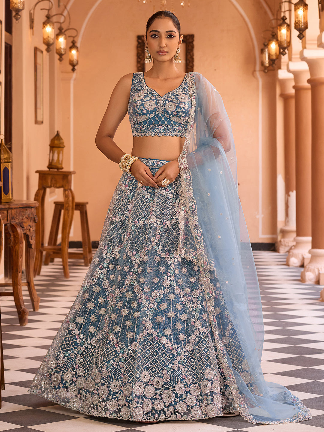 TEAL - Net Fabric Sequins embroidery Semi-Stitched Lehenga & Unstitched Blouse With Dupatta